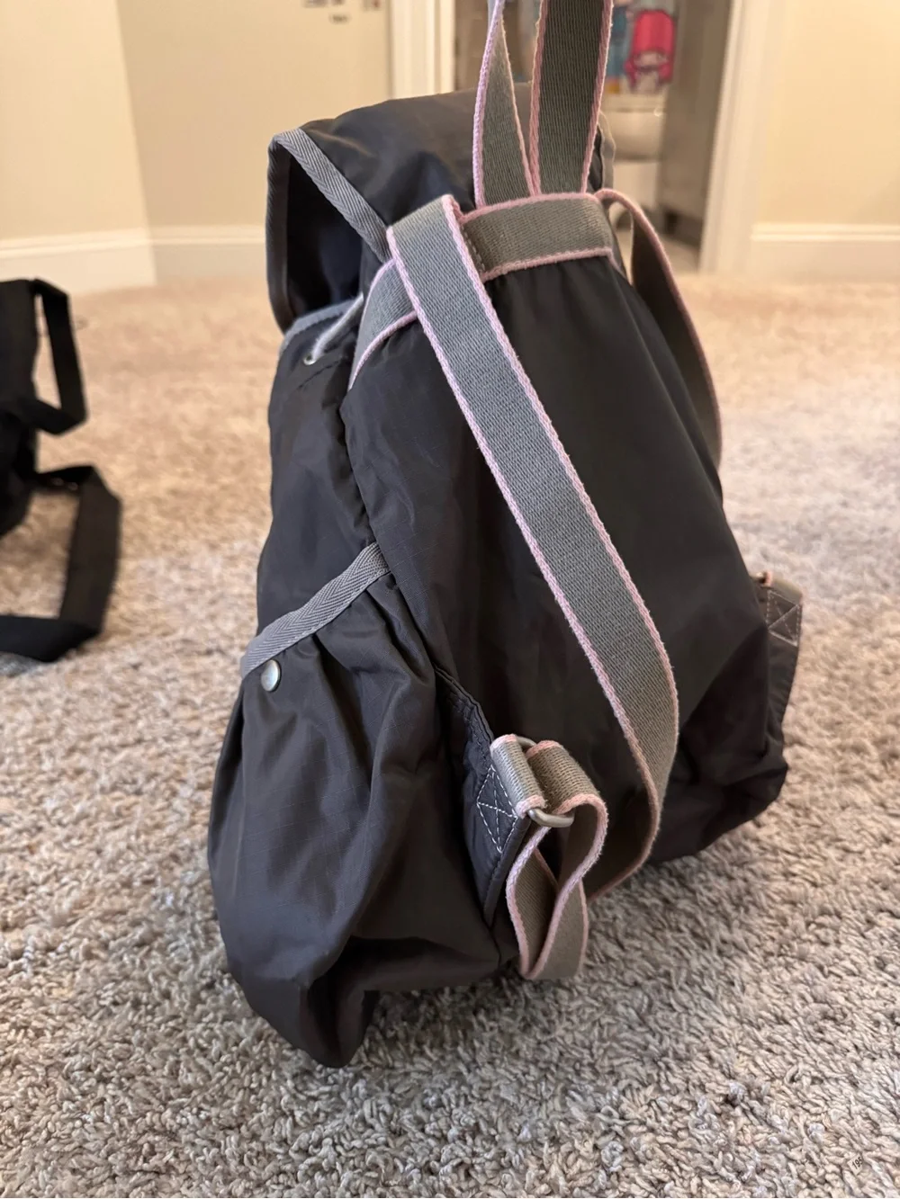 LeSportsac Grey Nylon Drawstring Backpack with Pink Trim